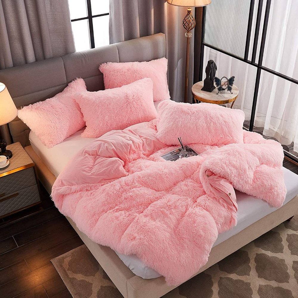 Shaggy Fluffy Faux Fur Duvet Cover Set Button Closure Velvety Bedding Set